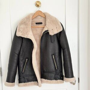 ZARA BLACK FAUX LEATHER JACKET WITH SHERPA LINING. SIZE XS
